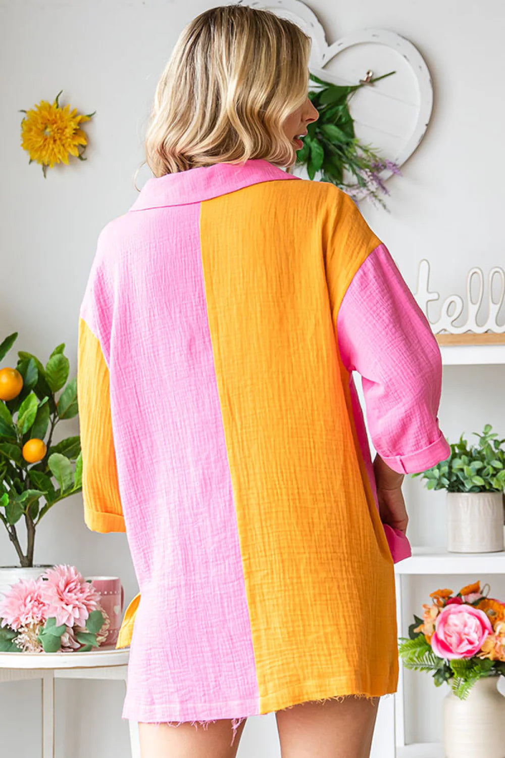 FUCHSIA ORANGE COLORBLOCK COLLARED BUTTON DOWN COTTON-GAUZE-LIKE MATERIAL FRONT POCKET TOP