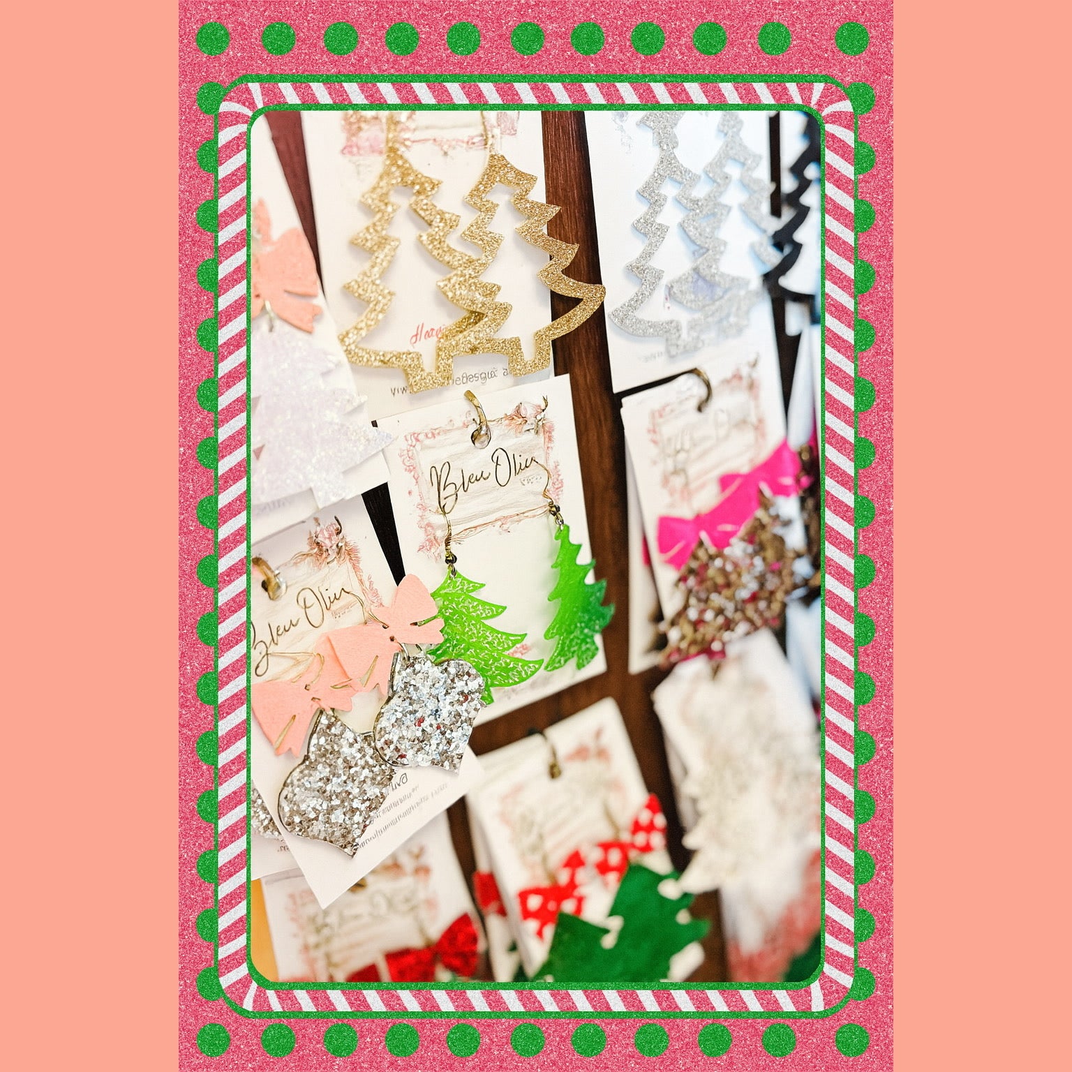 GLITZ & GLAM CHRISTMAS TREE BOW RIBBON TOPPER LIGHTWEIGHT LEATHER DANGLY HANDMADE EARRINGS BY B.O.D