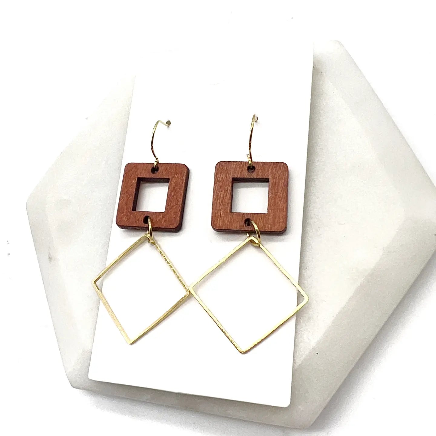 RUST WOOD GOLD RECTANGLE SQUARE METAL DUO HANDMADE BBB EARRINGS