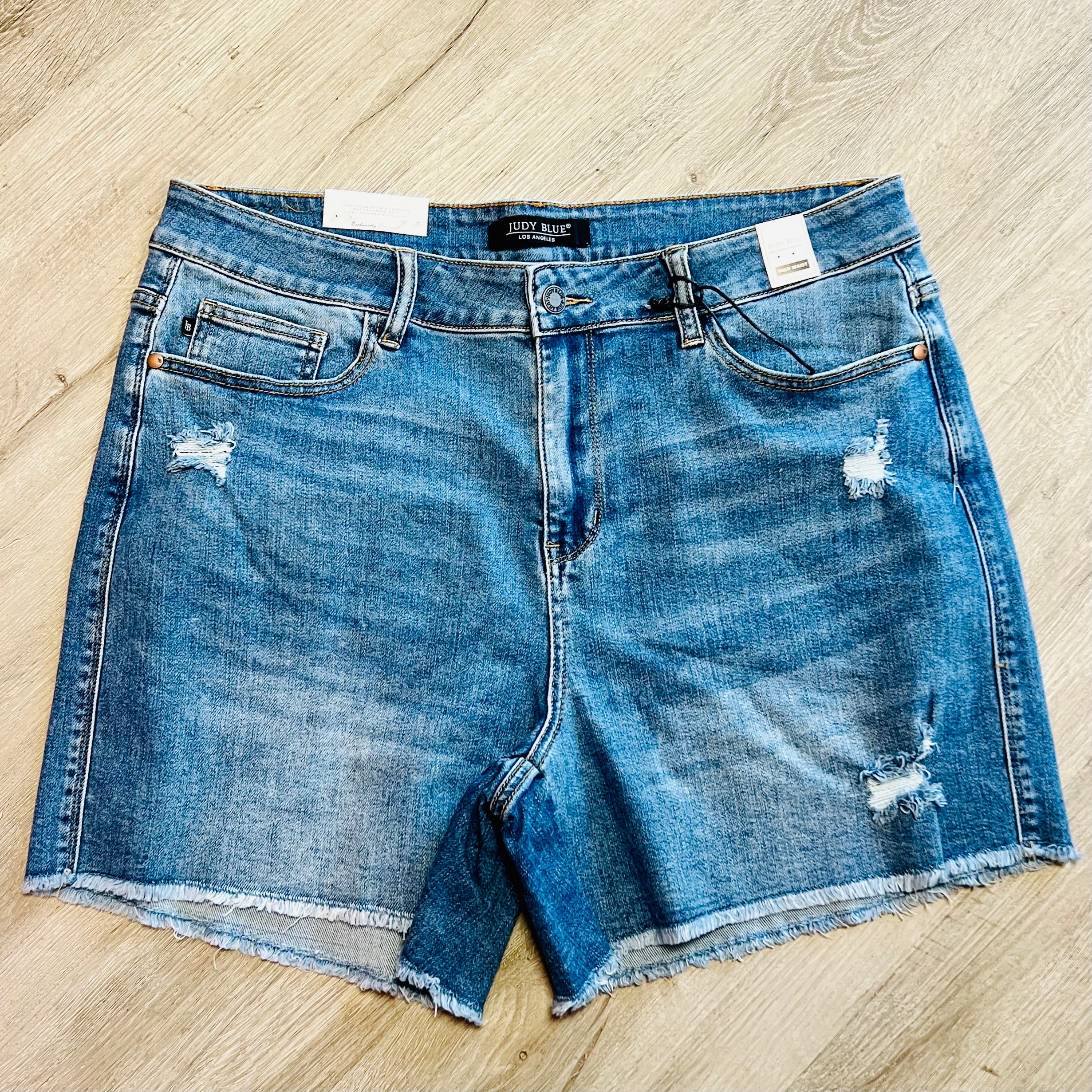 Judy Blue Denim Shorts Distressing Medium Wash High Waist-PLUS