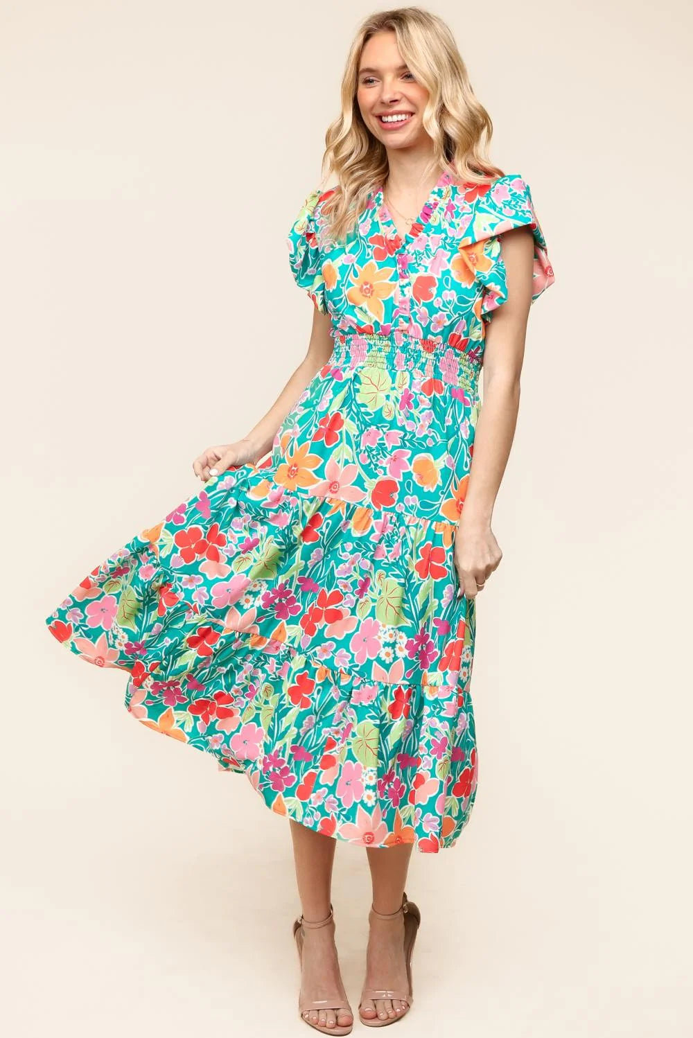 AQUA MINT BLUE CORAL PINK BRIGHT-MULTI MIDI LENGTH FLORAL PRINT SMOCKED WAIST DRESS