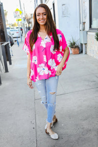 FUCHSIA FLORAL WOVEN VNECK DOLMAN TOP-PLUS