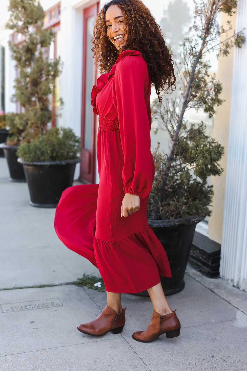 RED BEAUTIFUL YOU HOLIDAY RUFFLE SURPLICE VNECK MAXI DRESS-PLUS