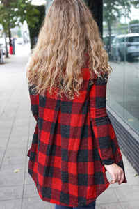 RED PLAID BUTTON NECK TUNIC