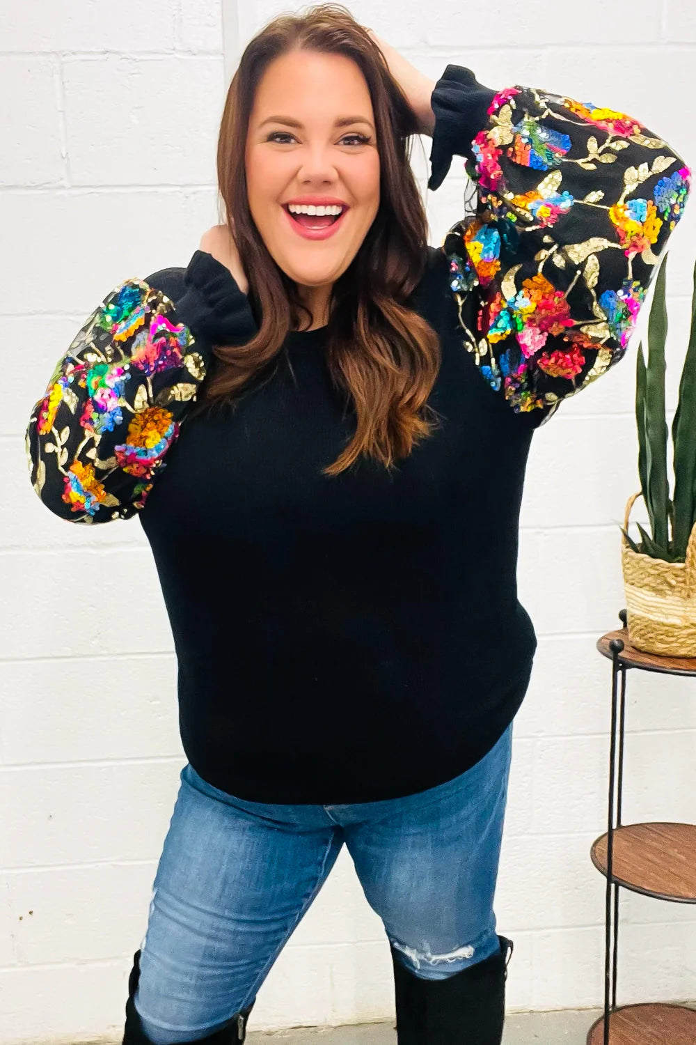 BLACK DIVA DREAMS FLORAL SEQUIN MESH RIB KNIT BLOUSE