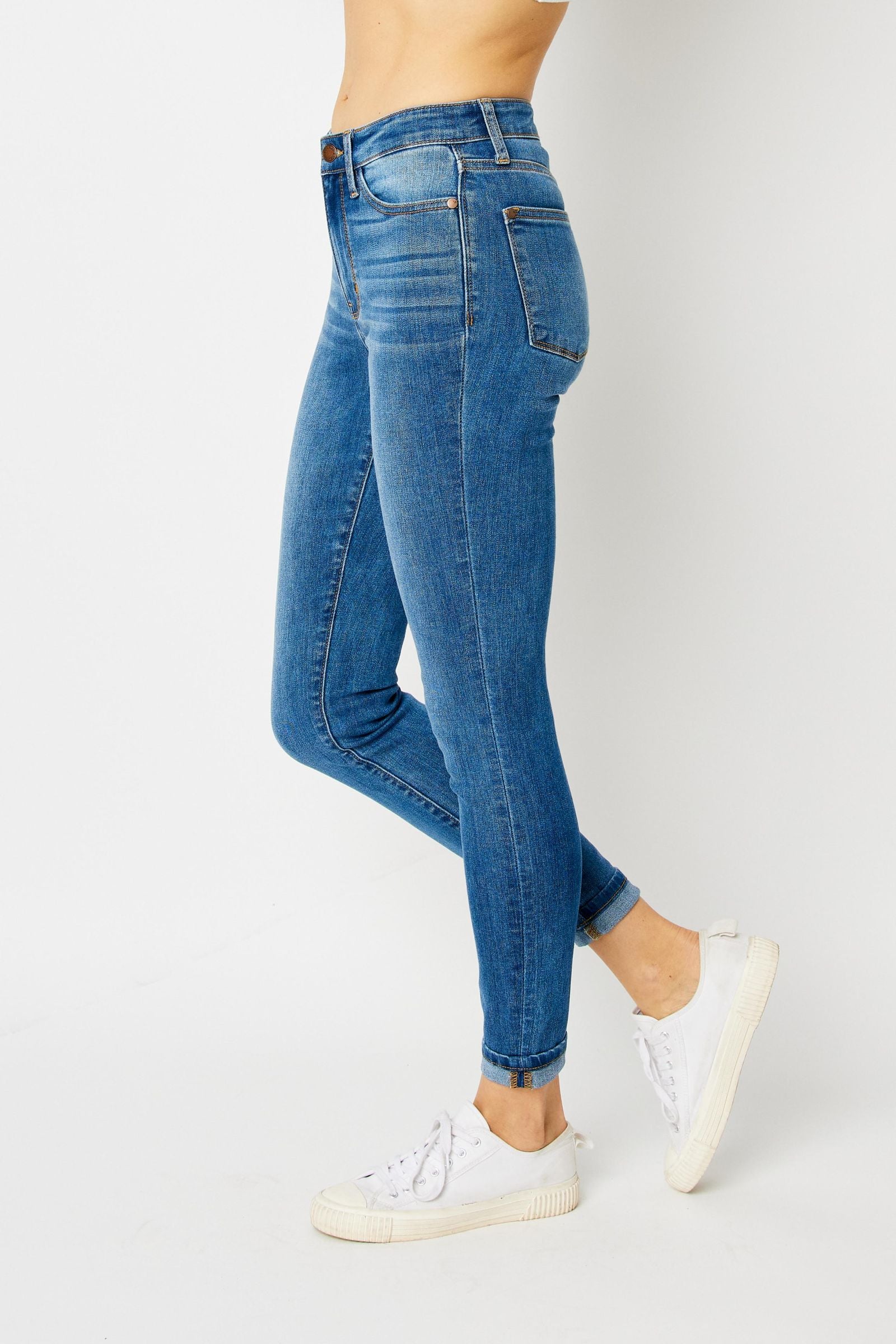 MEDIUM WASH HIGH WAIST CUFFED HEM SKINNY JUDY BLUE DENIM-PLUS