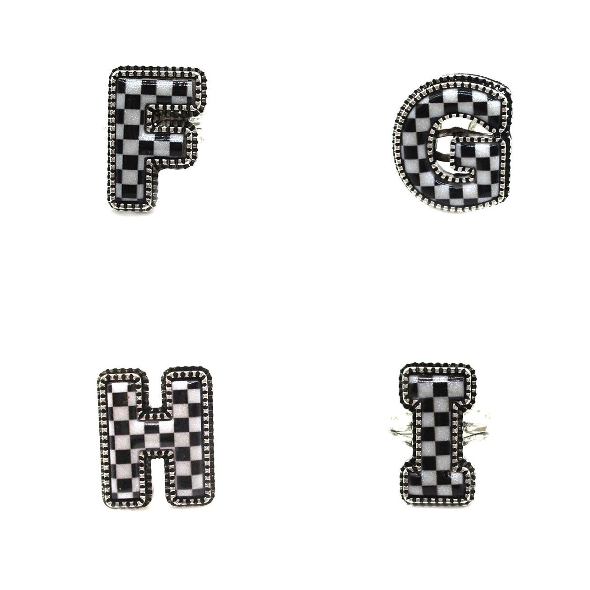 CHECKERED BUBBLE INITIAL BLACK & WHITE ON SILVER ADJUSTABLE CUFF RING