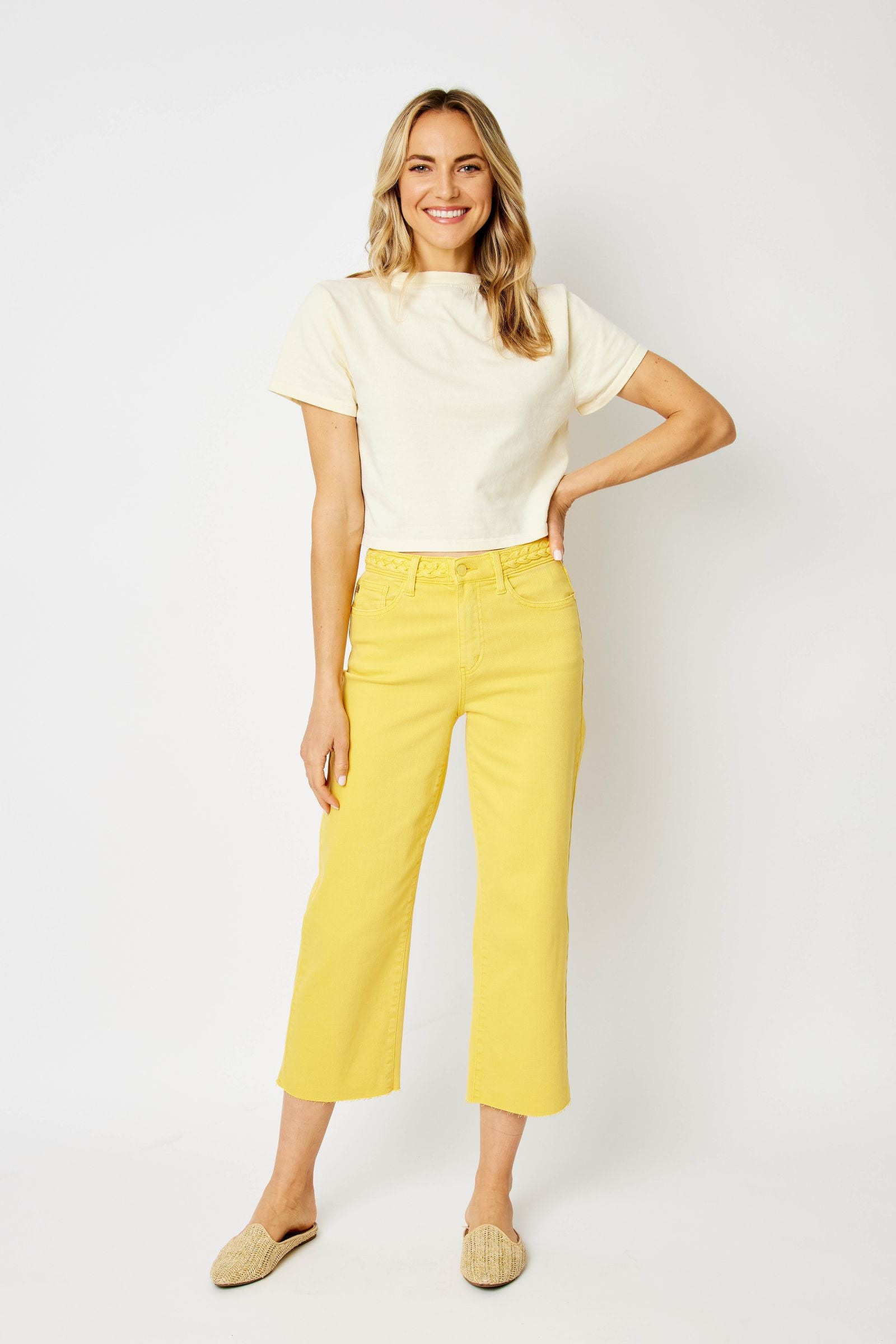 YELLOW HIGH WAIST GARMENT DYED BRAIDED WAISTBAND CROP WIDE LEG DENIM JUDY BLUE