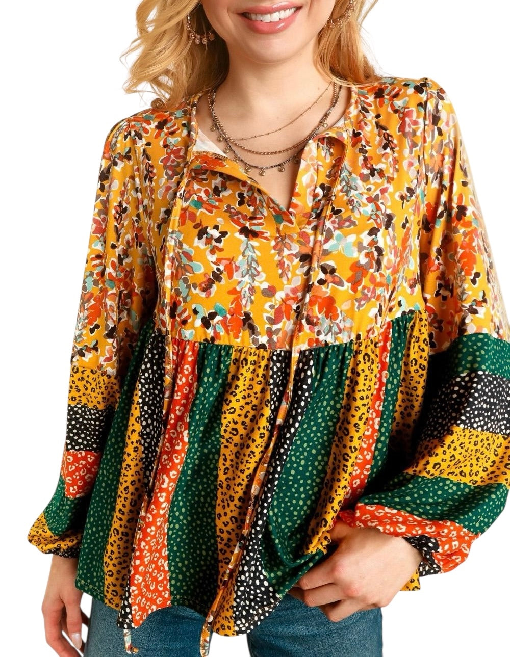 BOHO MUSTARD RUST FLORAL LEOPARD BABYDOLL TOP-PLUS