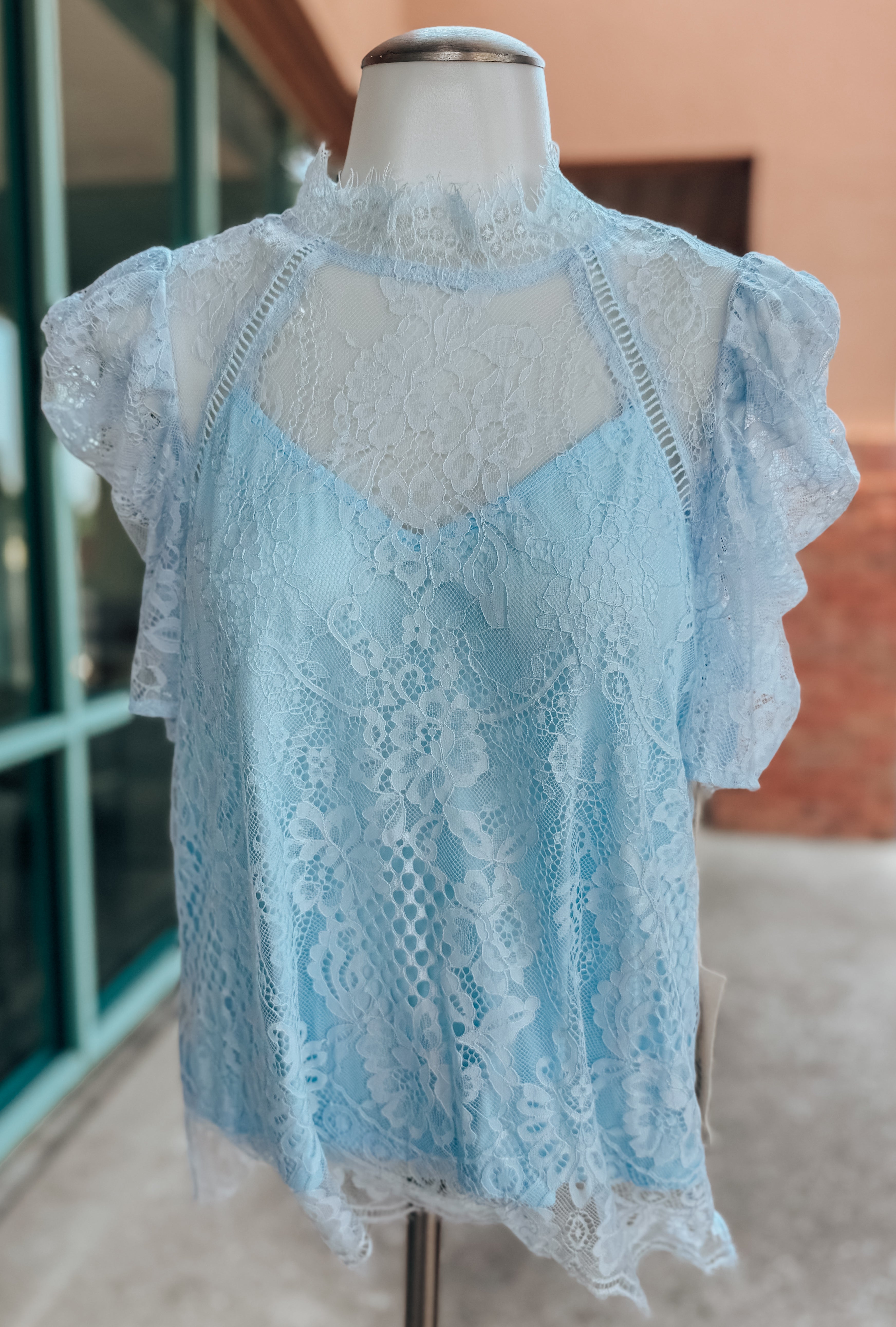 Baby Blue Lace Mock Neck Top- SALE