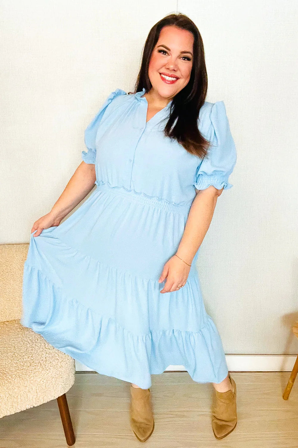BABY BLUE PERIWINKLE FRILLY NOTCH NECK SHIRRED WAIST TIERED MAXI DRESS
