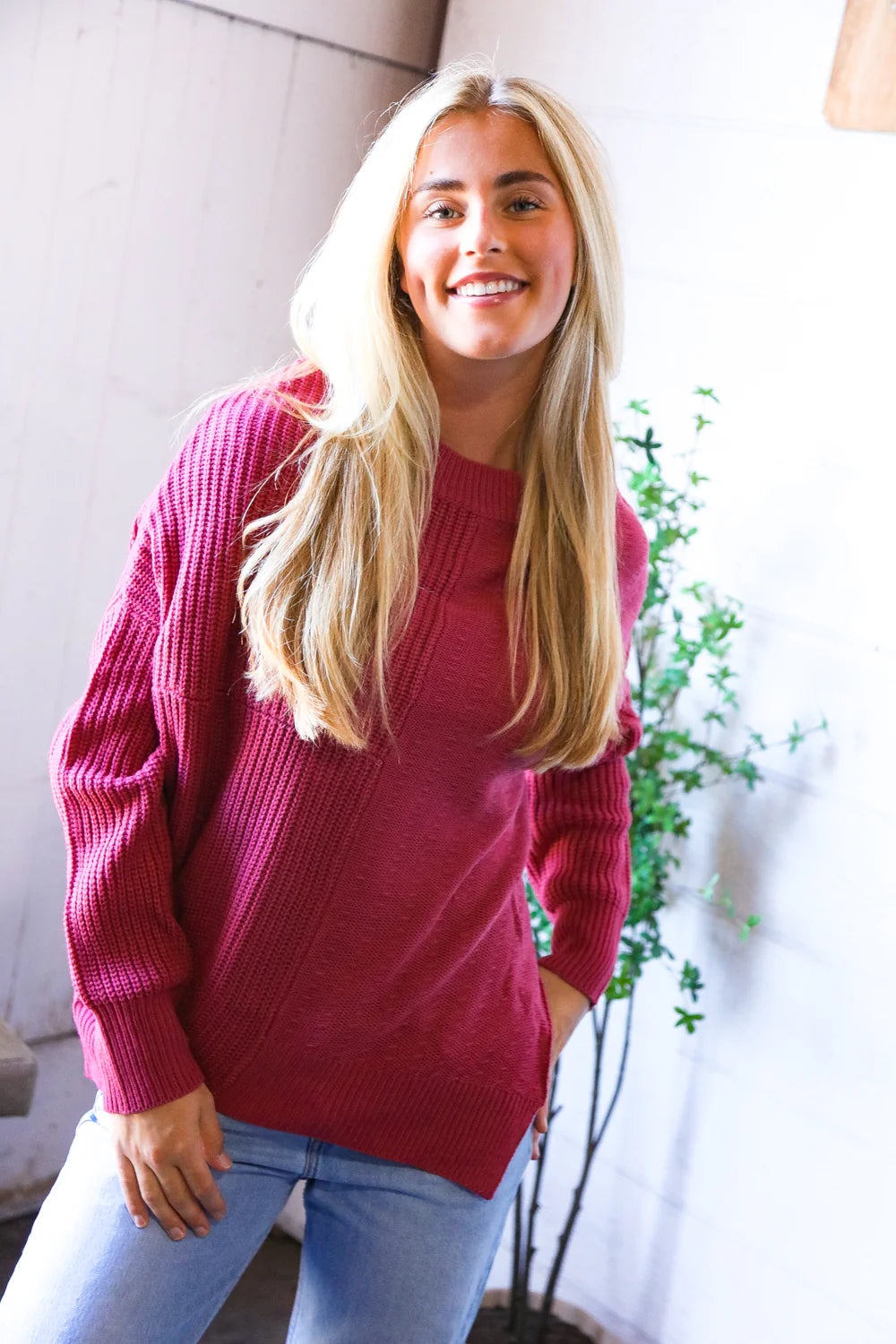 SOLID MAUVE/MAROON/MARSALA OVERSIZED SLOUCHY SWEATER-PLUS