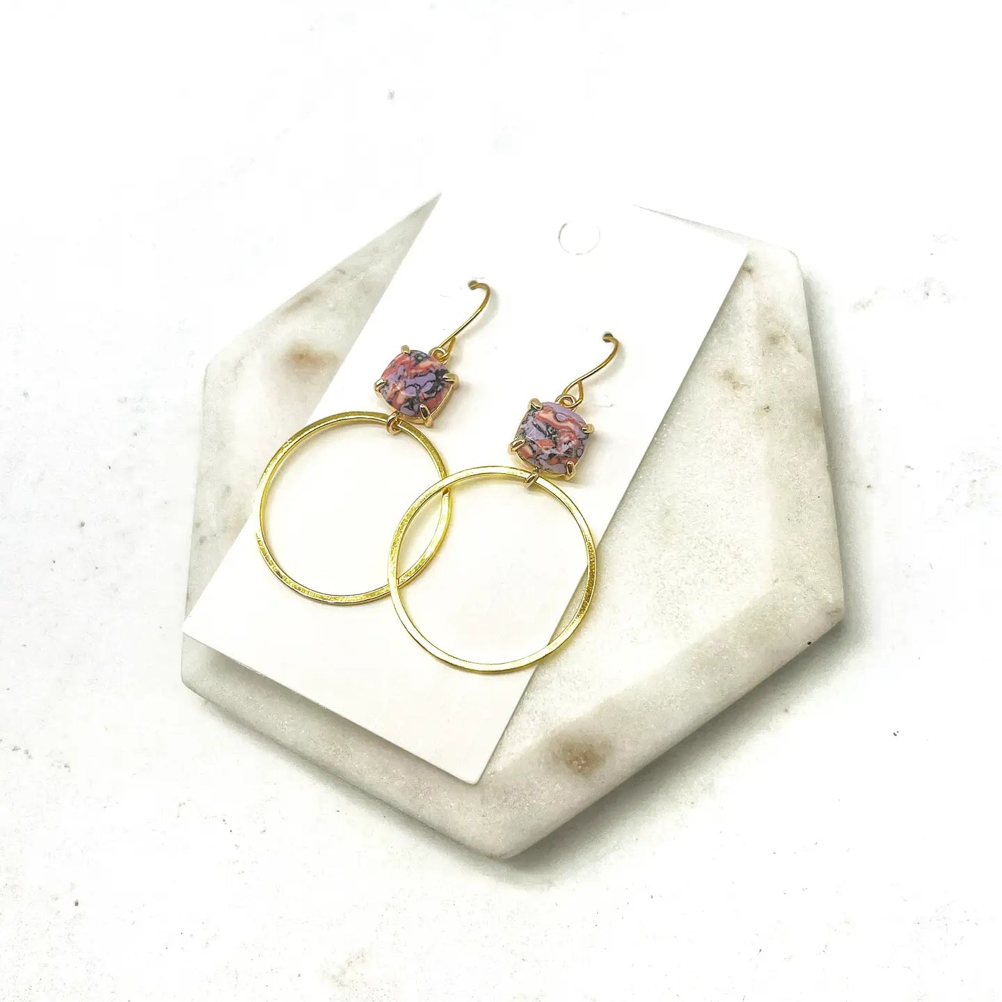PINK PURPLE GEM STONE GOLD HOOP STATEMENT HANDMADE BBB EARRINGS