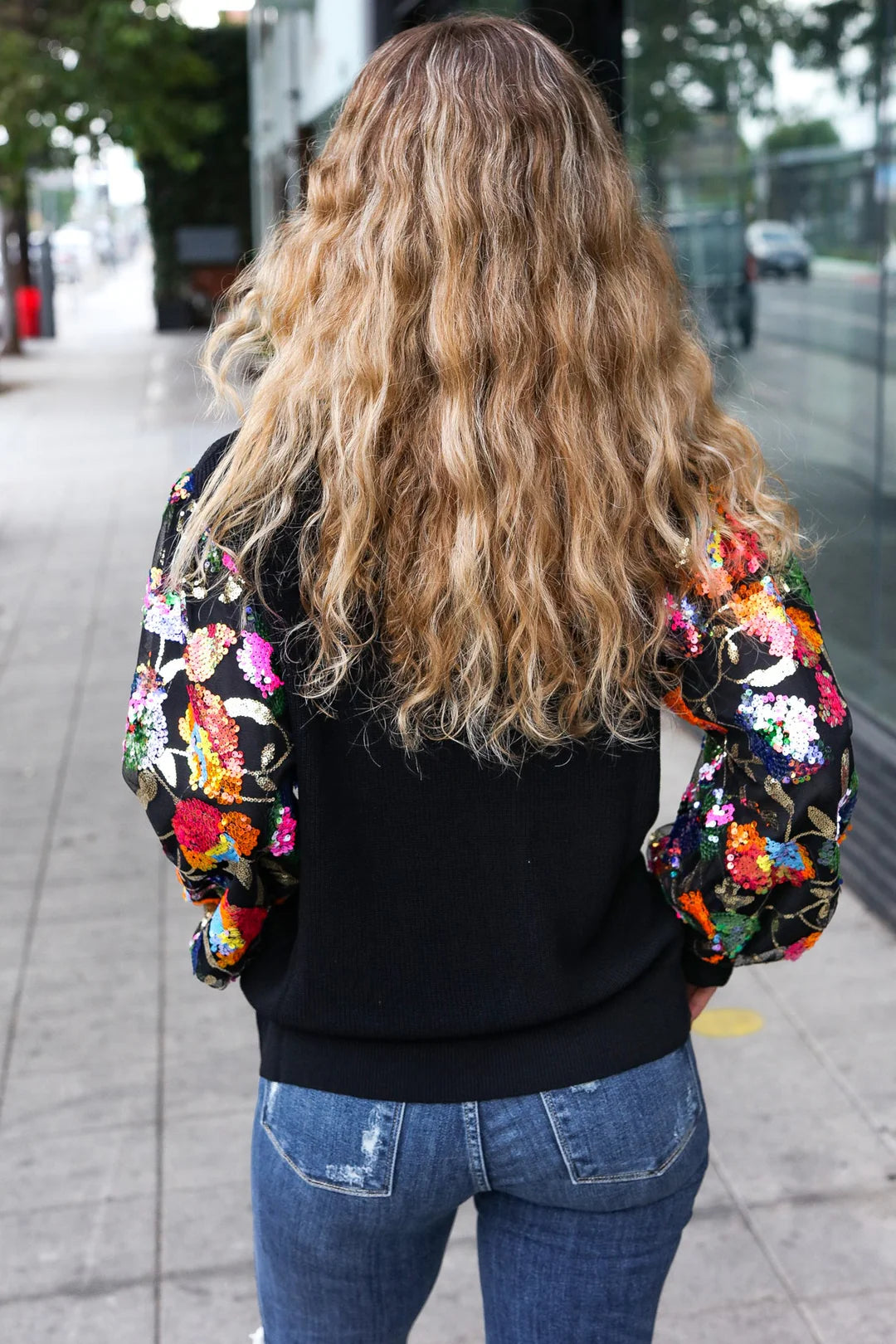 BLACK DIVA DREAMS FLORAL SEQUIN MESH RIB KNIT BLOUSE