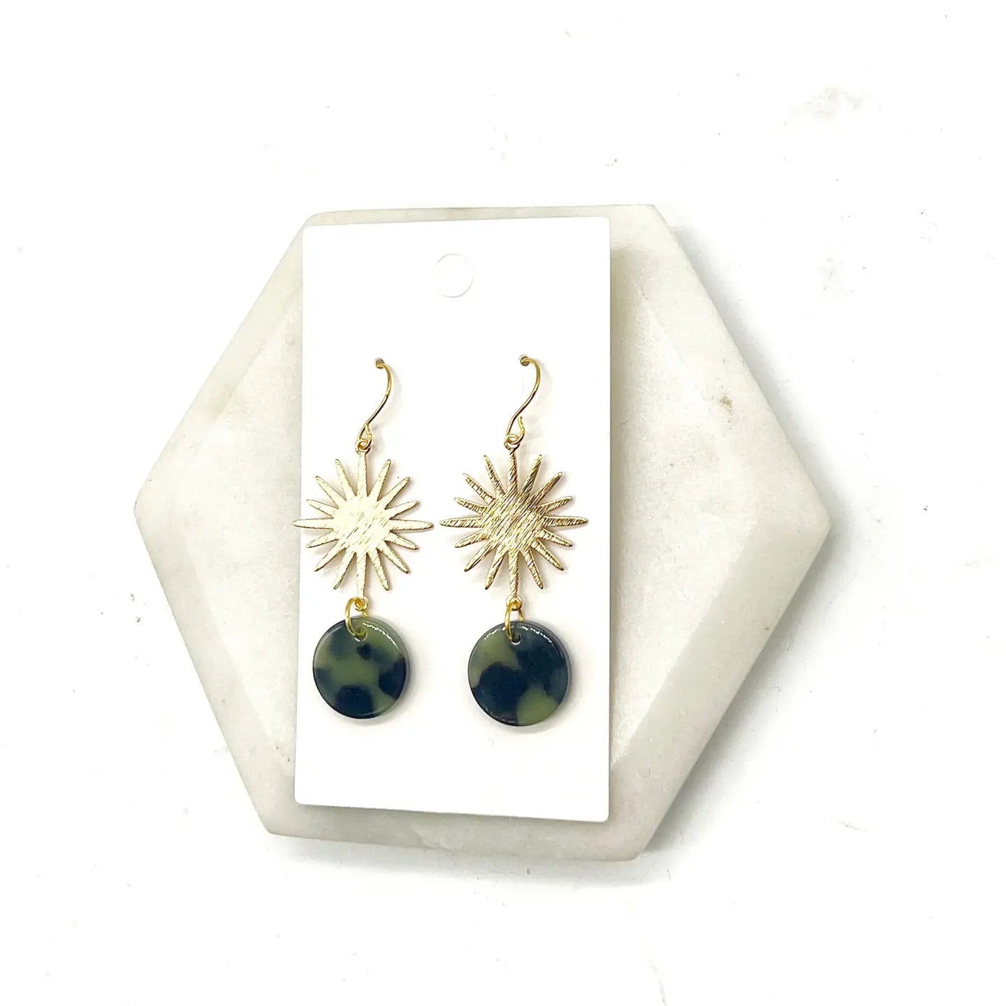 OLIVE GREEN SUNBURST METAL ACRYLIC STATEMENT DANGLY HANDMADE BBB EARRINGS