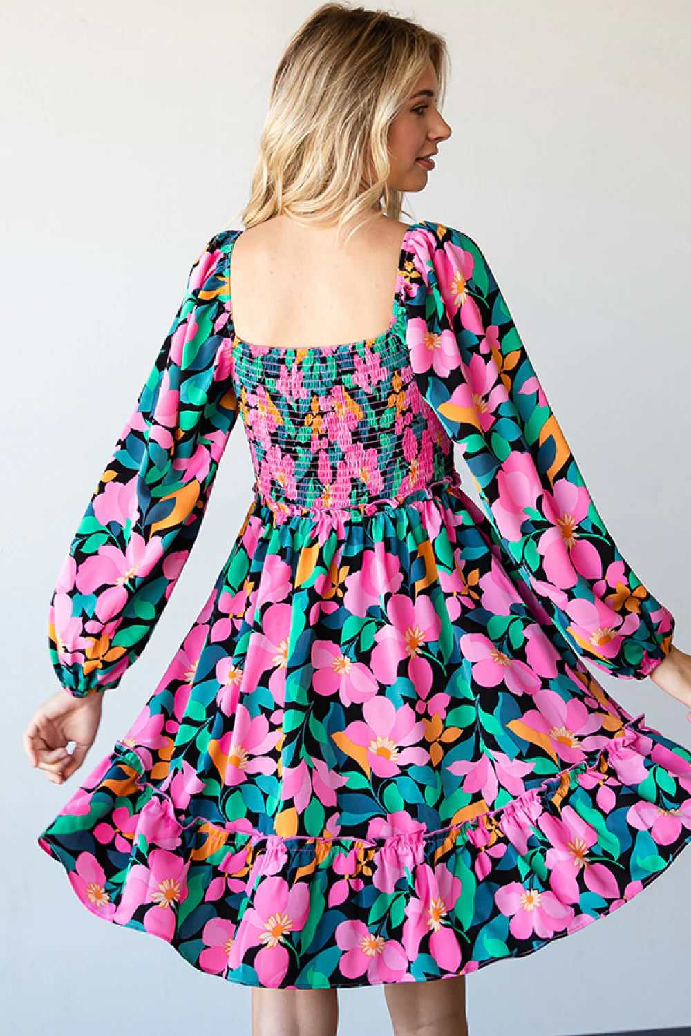 BLACK HOT PINK ORANGE GREEN BLUE FLORAL PRINT SMOCKED FIT & FLARE DRESS