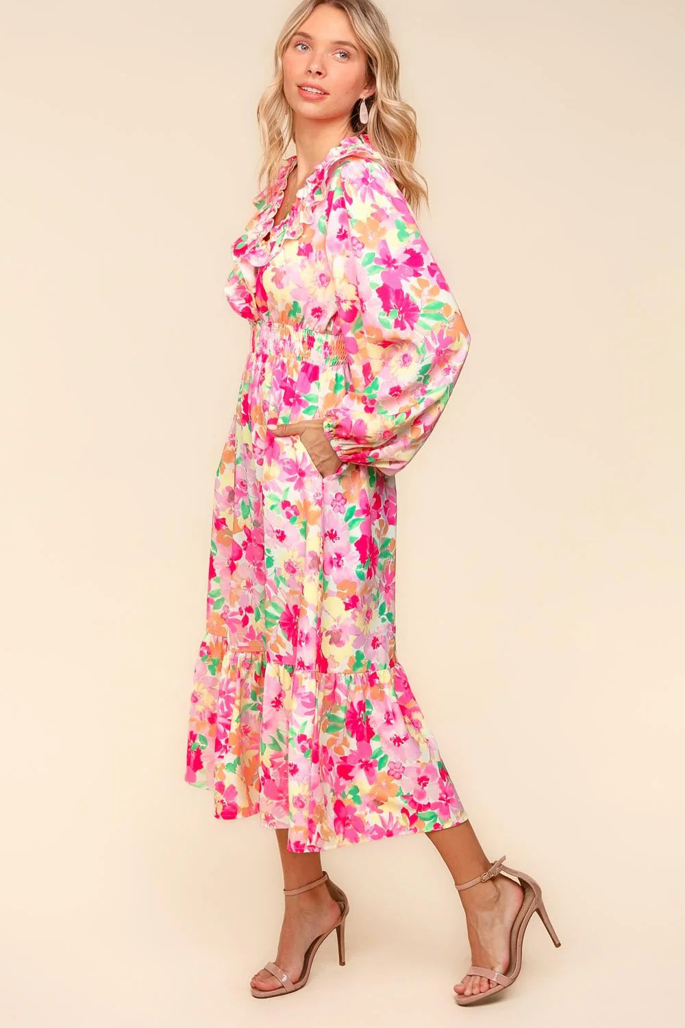 PINK CORAL PASTELS VNECK RUFFLE WOVEN SURPLICE MAXI DRESS-PLUS
