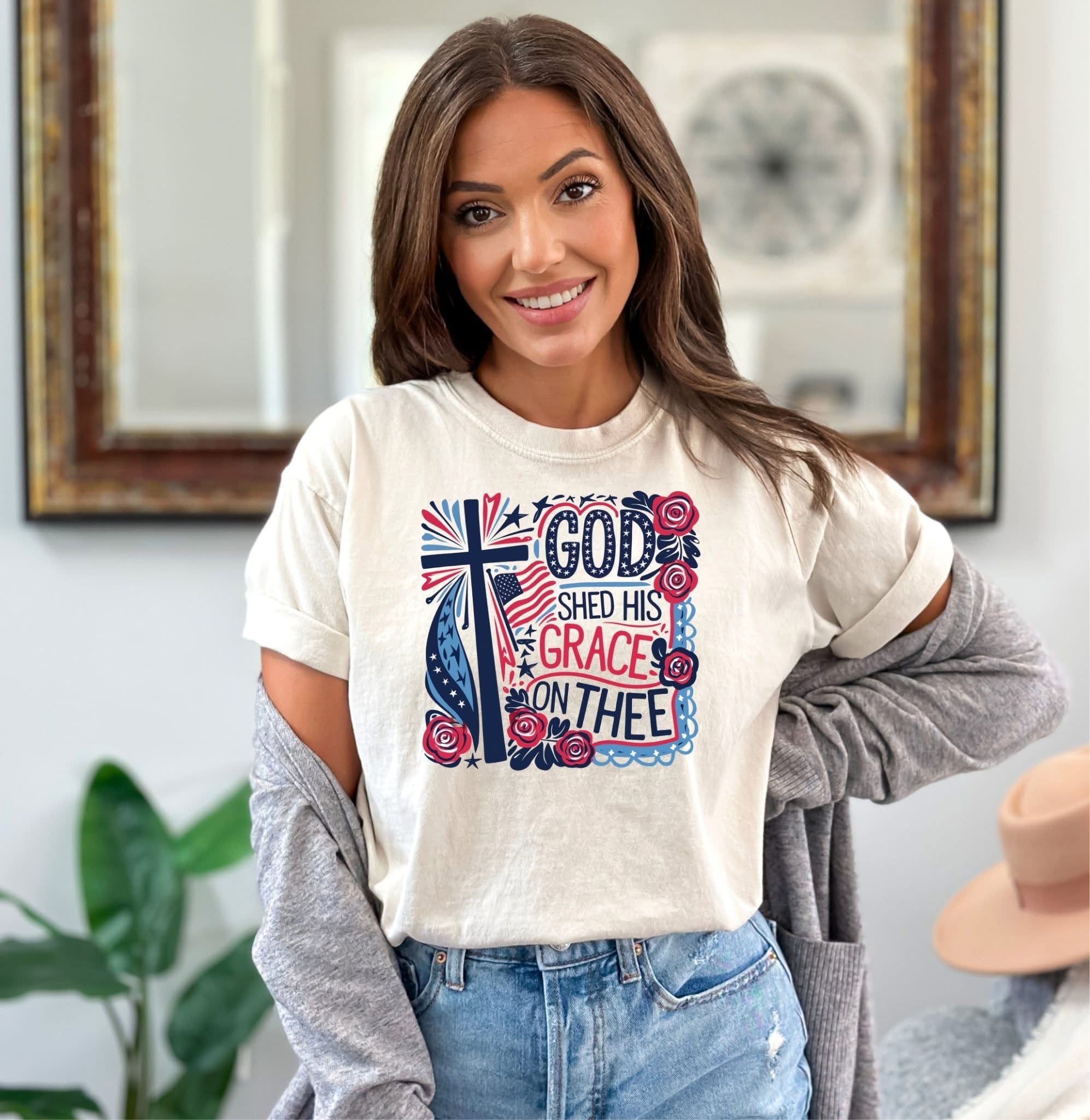 GOD SHED HIS GRACE ON THEE CREAM USA RWB SOFT STYLE TEE- SALE