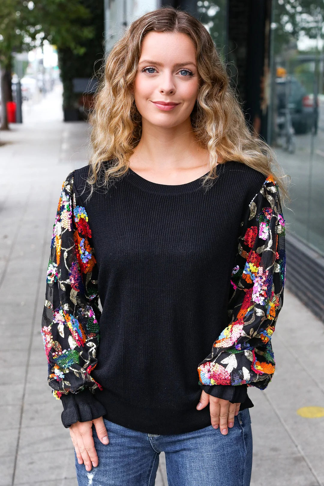 BLACK DIVA DREAMS FLORAL SEQUIN MESH RIB KNIT BLOUSE