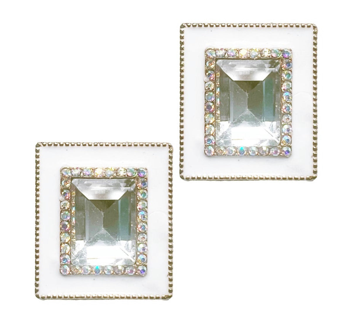 White Rectangular Stud Bling Earrings