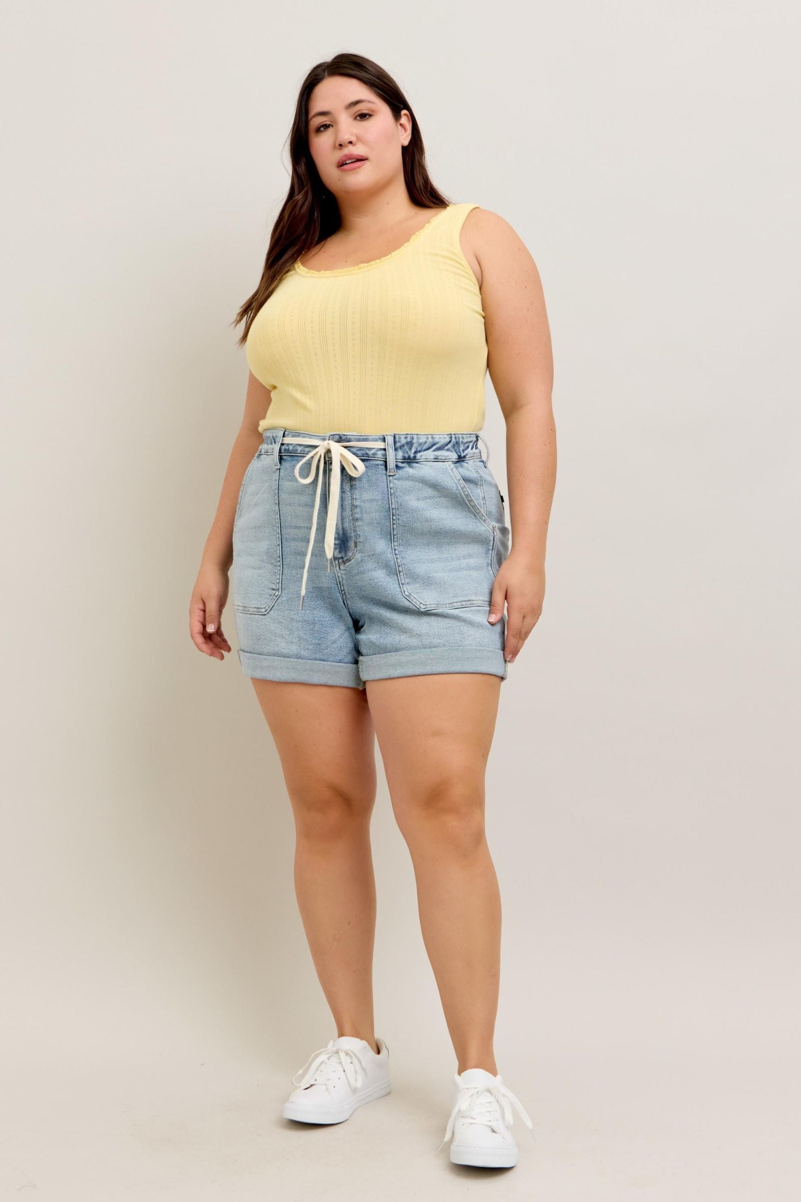 LIGHT WASH JOGGERS HIGH WAIST CUFFED DENIM SHORTS BY JUDY BLUE