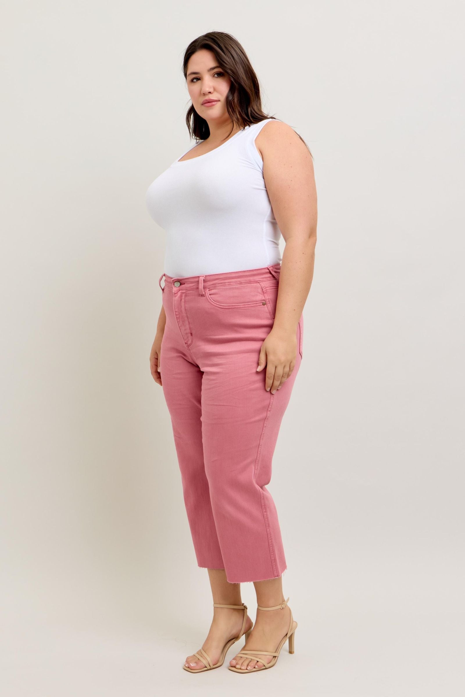 ROSE HIGH WAIST GARMENT DYED RAW HEM CROP WIDE LEG JUDY BLUE DENIM