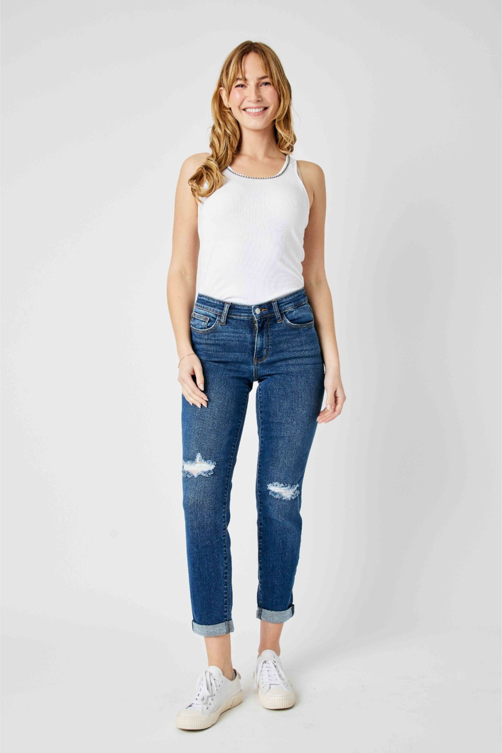 MID RISE DESTROYED SLIM MEDIUM WASH JUDY BLUE DENIM-PLUS