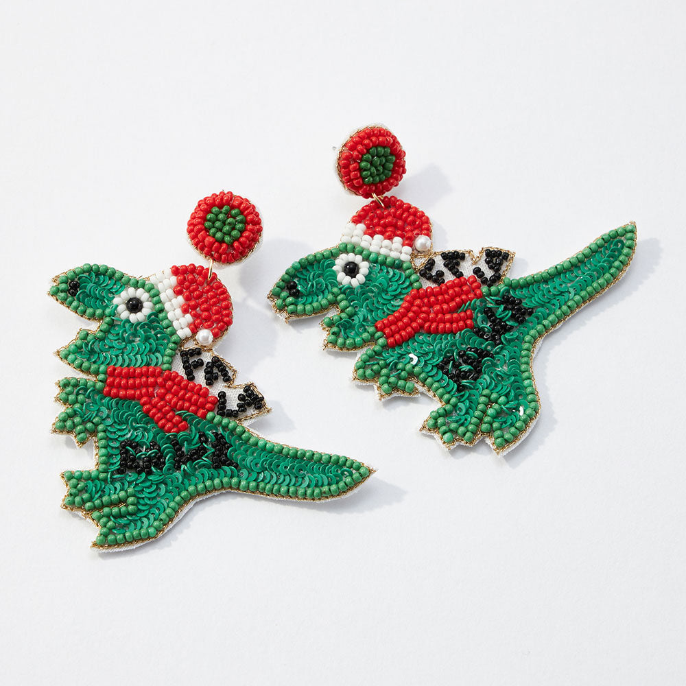 DINO GREEN SANTA SEEDBEAD EARRINGS