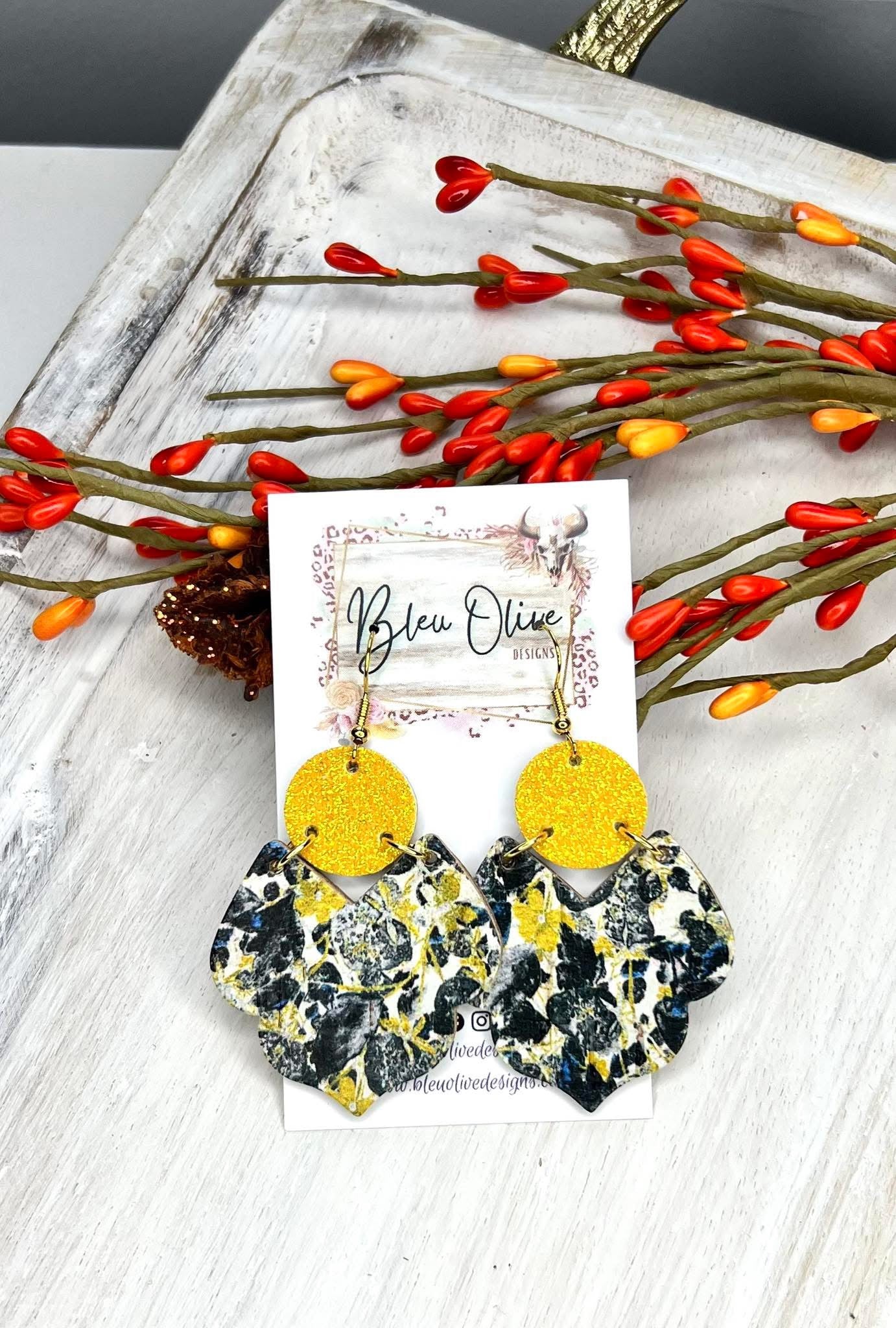 YELLOW GLITTER ON BLUE SAGE CREAM YELLOW FLORAL PRINT SCALLOPED LEATHER TWO TIER DANGLY HANDMADE EARRINGS BY B.O.D