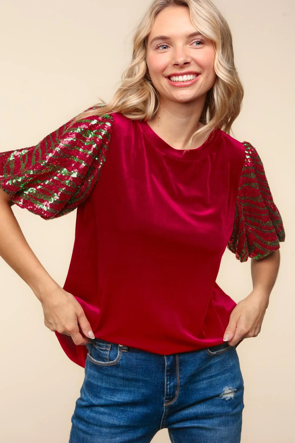RED VELVET SEQUINS BUBBLE SLEEVE BLOUSE