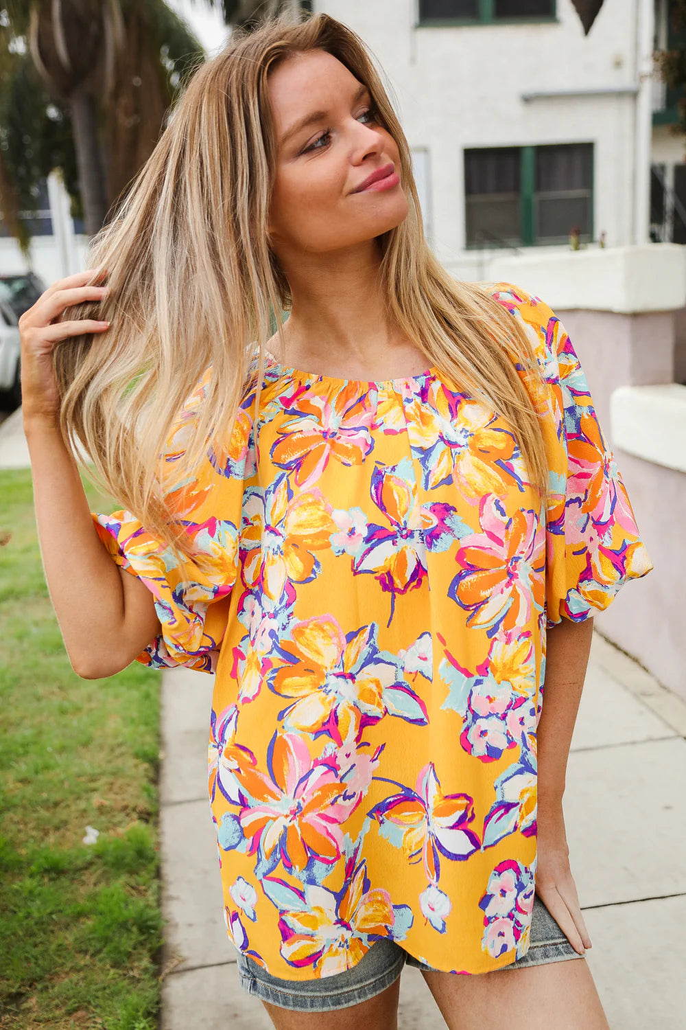 YELLOW PINK BLUE FLORAL BUBBLE SLEEVE TOP
