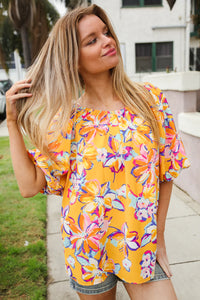 YELLOW PINK BLUE FLORAL BUBBLE SLEEVE TOP