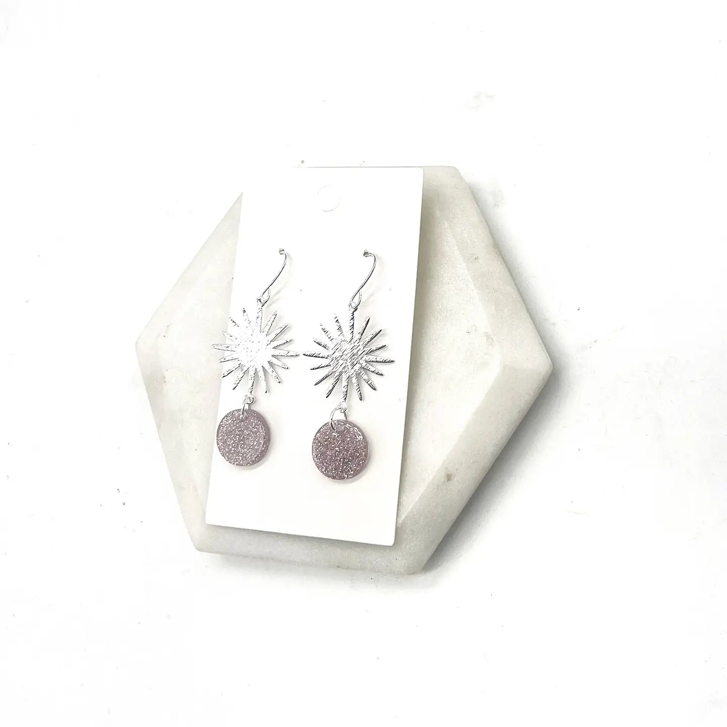 PINK GLITTER SILVER SUNBURST METAL ACRYLIC STATEMENT HANDMADE BBB EARRINGS