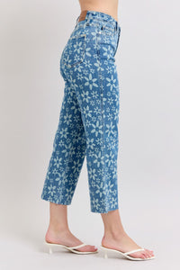 HIGH WAIST FLOWER PRINT CROPPED WIDE LEG JUDY BLUE DENIM MEDIUM WASH-PLUS
