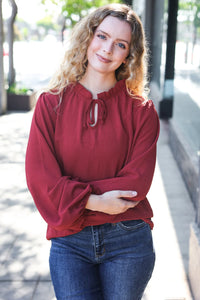 BURGUNDY FRILLED EDGED VNECK TIE LONG SLEEVE TOP-PLUS