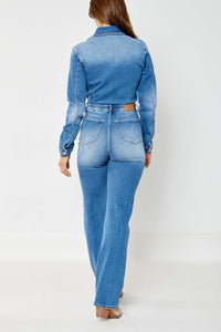 Judy Blue Medium Wash High Waist Denim Long Sleeve Jumpsuit Slim Straight