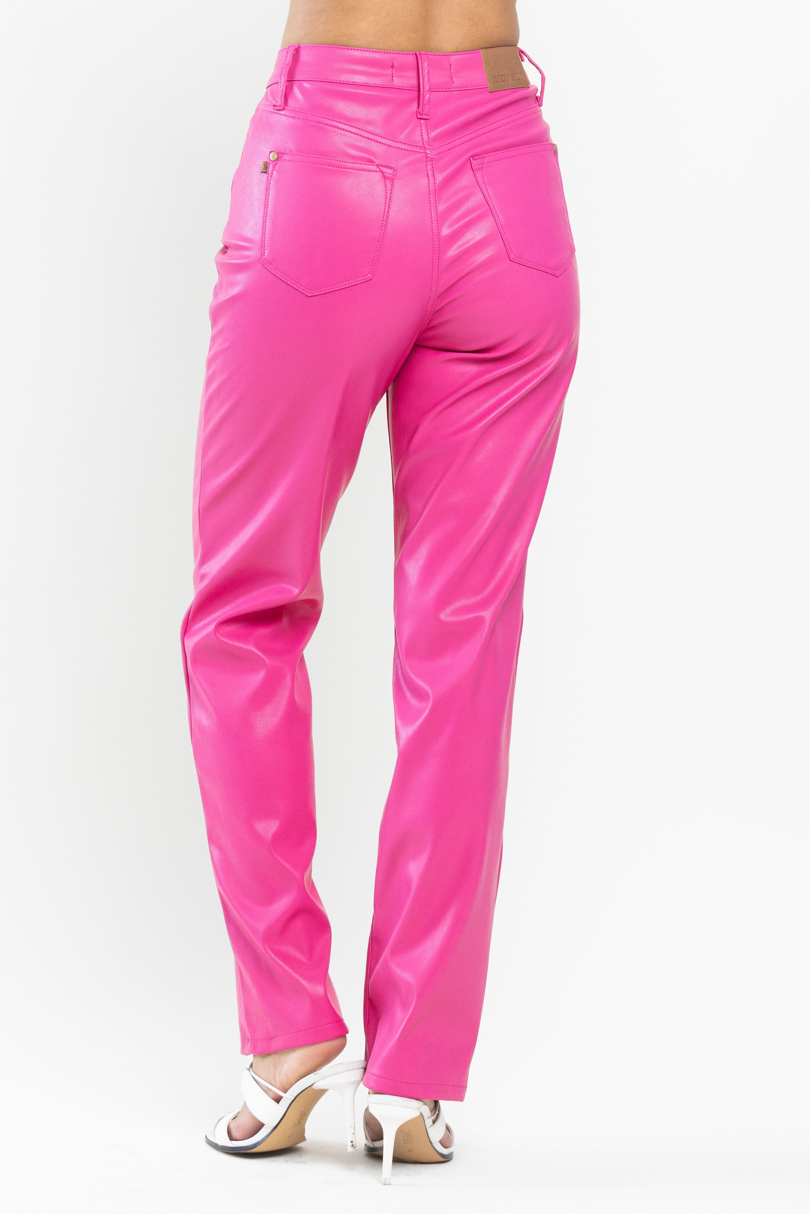 STRAIGHT LEG HOT PINK BARBIE COLOR FAUX LEATHER PANTS BY JUDY BLUE TUMMY CONTROL- SIZE 7/28