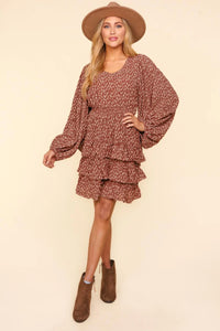 TAUPE BLACK SMOCKED LEOPARD ANIMAL PRINT WOVEN FIT & FLARE DRESS-PLUS