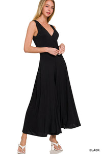 BLACK SURPLICE NECKLINE SLEEVELESS JUMPSUIT