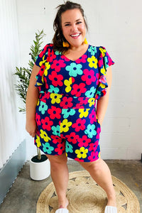 NAVY PINK MAGENTA YELLOW WHITE FEELING BOLD FLORAL SMOCKED WAIST FLUTTER ROMPER-PLUS