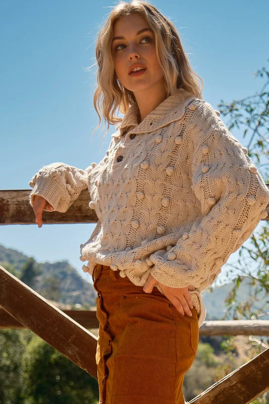 TAUPE KNIT BUTTON SWEATER-PLUS