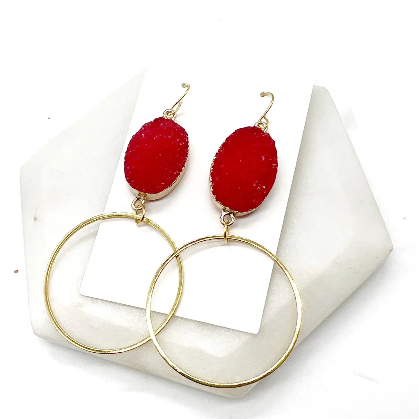RED DRUZY GOLD CIRCLE HOOP STATEMENT DANGLY HANDMADE BBB EARRINGS