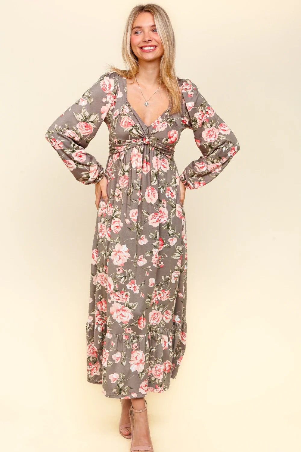 GREY PINK SWEETHEART NECKLINE FLORAL PRINT LONGSLEEVE RUFFLE MAXI DRESS