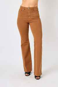 BROWN HIGH WAIST TUMMY CONTROL GARMENT DYED FLARE DENIM JUDY BLUE