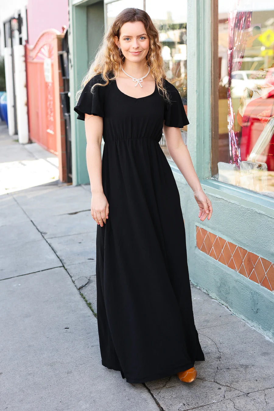 BLACK SOLID RUFFLE MAXI DRESS