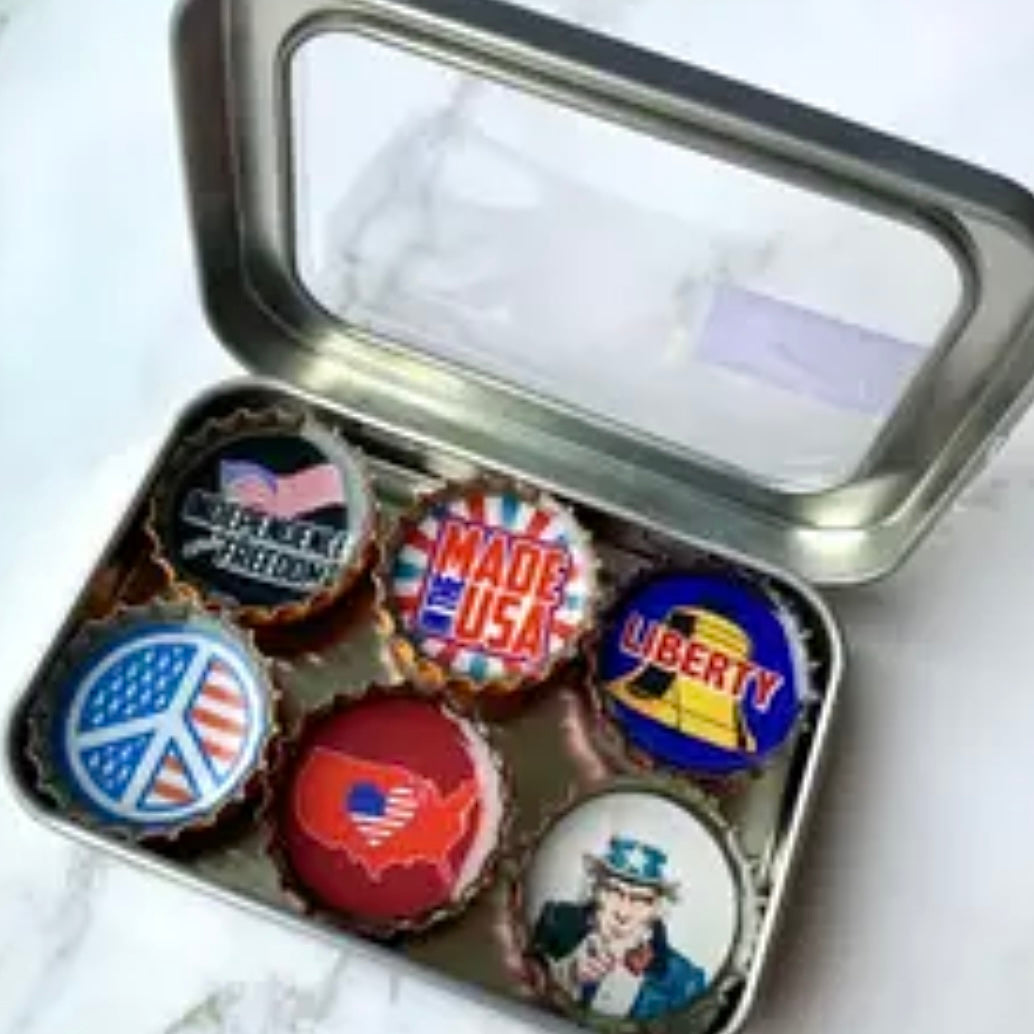 USA 4TH OF JULY HANDMADE BOTTLE CAP MAGNET BOX SETS OF 6 (MADE BY KATE) - SALE