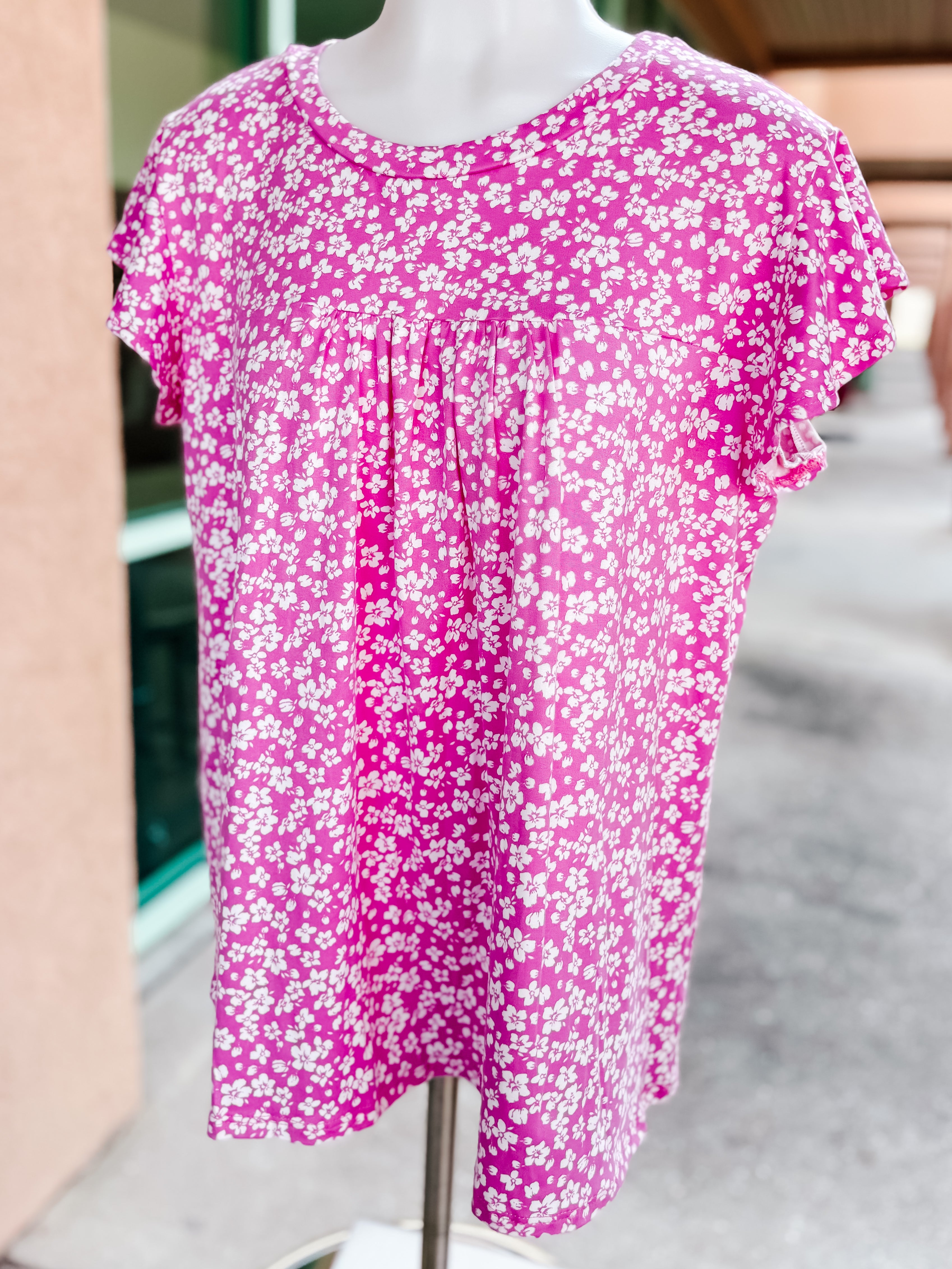 Fuchsia Floral Ruffle Short Sleeve Top- SALE