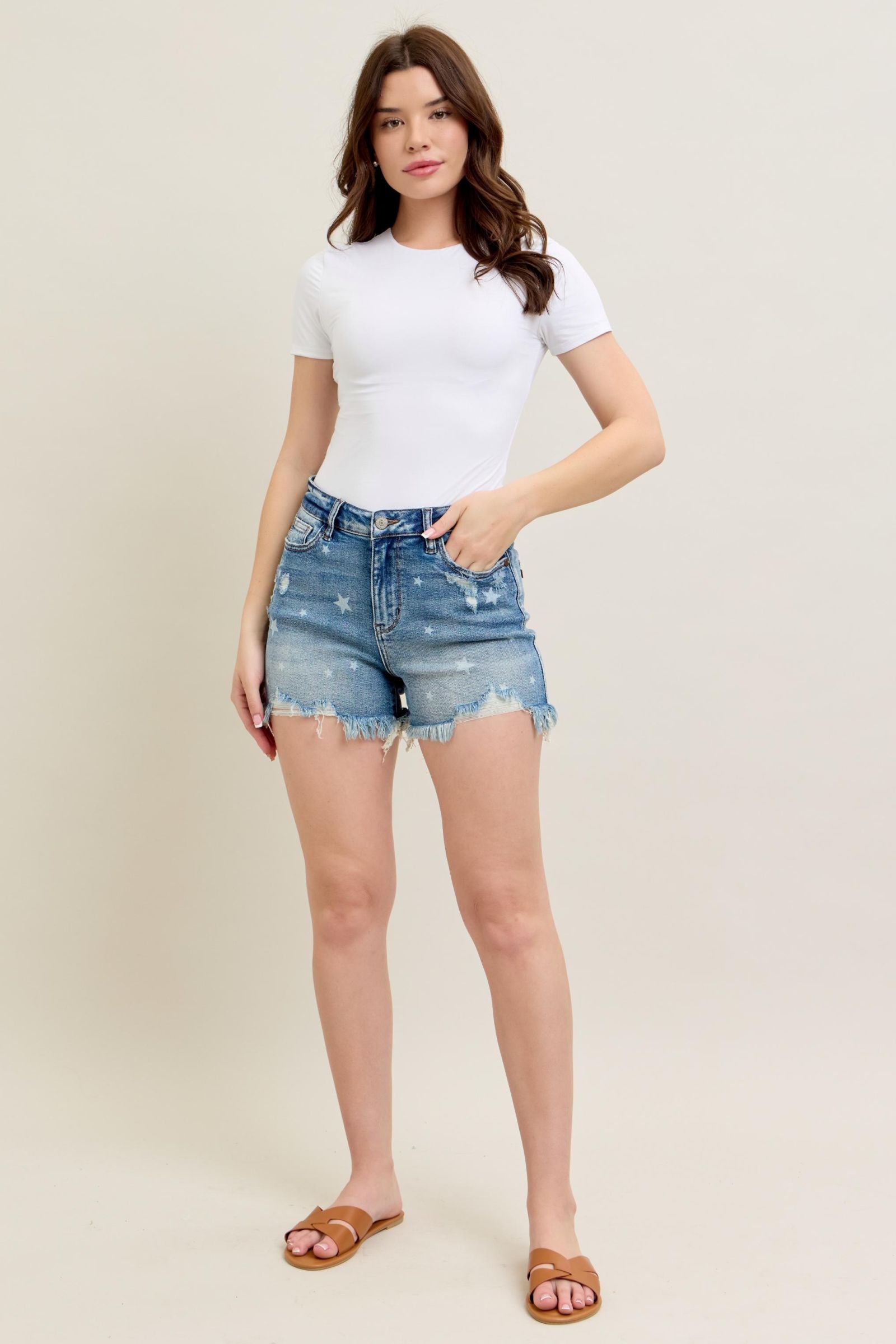 STAR PRINT DESTROYED CUT OFF DENIM SHORTS BY JUDY BLUE MEDIUM WASH HIGH WAIST-PLUS