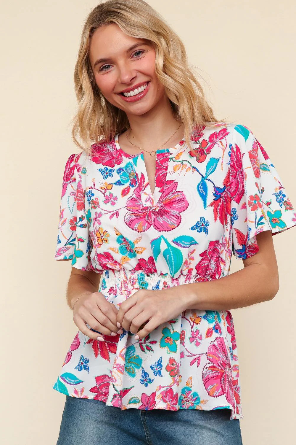 IVORY HOT PINK BLUE NOTCHED NECK SMOCKED WAIST FLORAL PRINT WOVEN BLOOUSE- PLUS- SALE