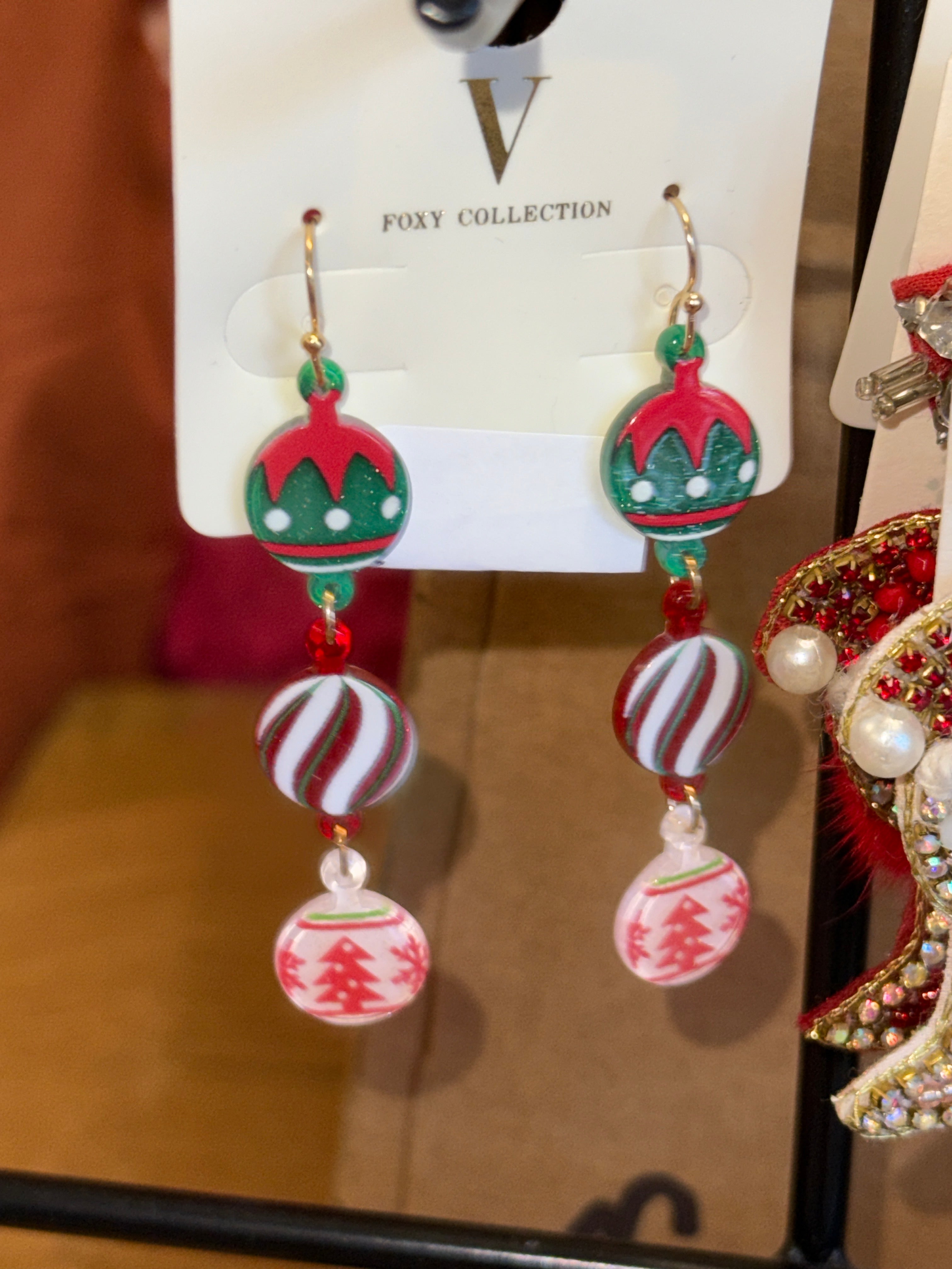ELF ORNAMENTS RED GREEN DANGLY EARRINGS